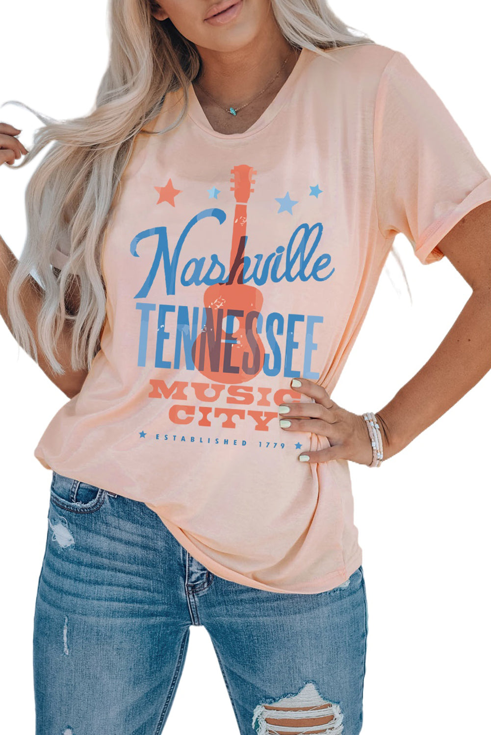 Pink Nashville Tennessee Music City Graphic Crewneck Top Graphic Tees JT's Designer Fashion