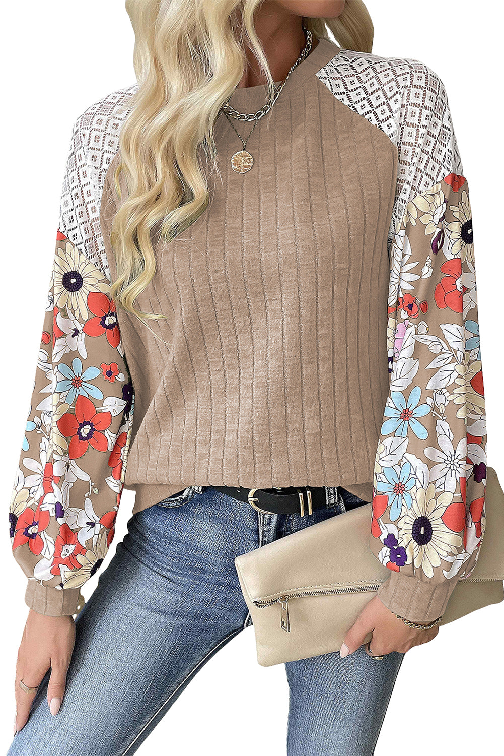 Parchment Floral Patchwork Long Sleeve Ribbed Blouse Blouses & Shirts JT's Designer Fashion