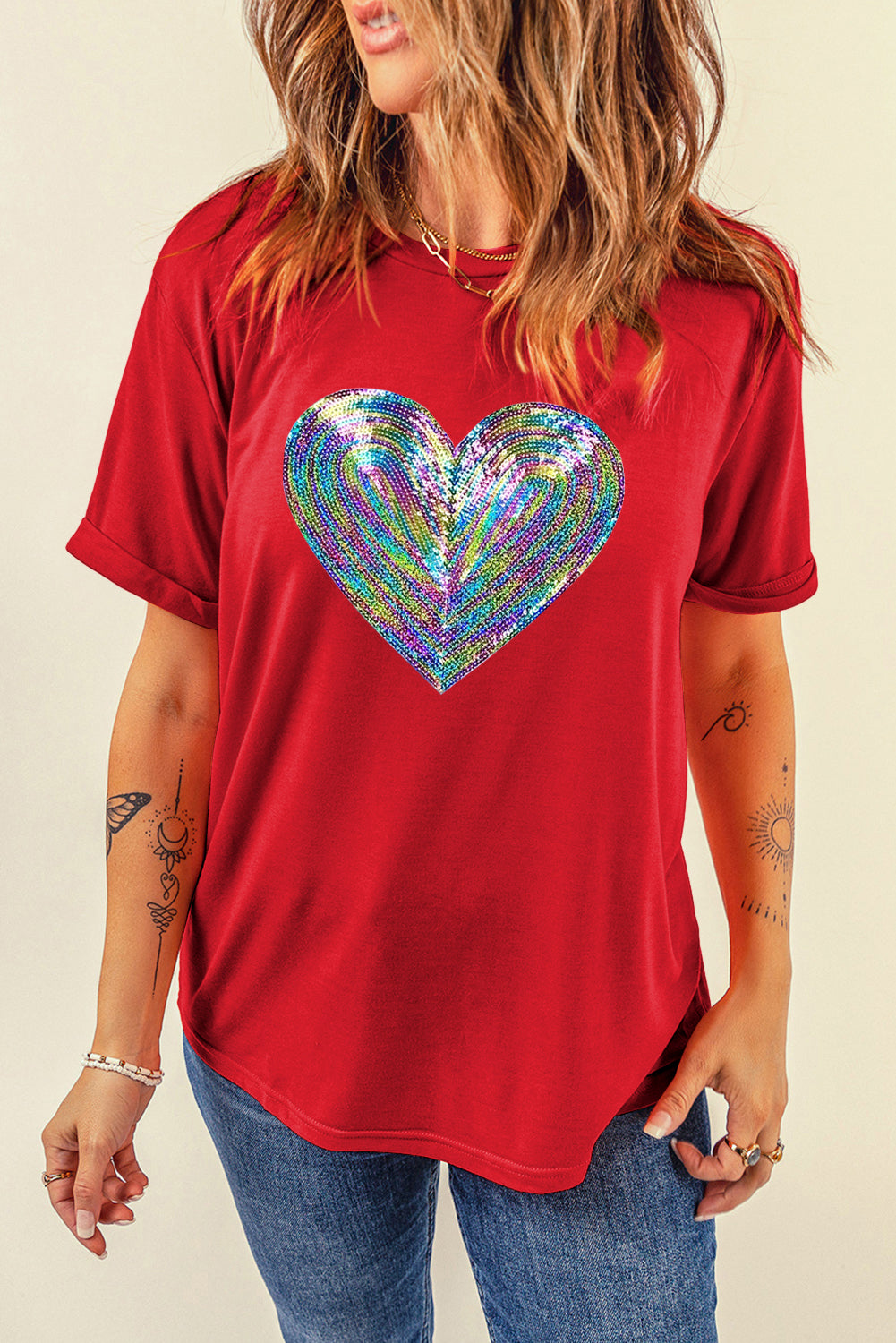 Red Rainbow Sequin Heart Shape Crew Neck T Shirt Graphic Sweatshirts JT's Designer Fashion