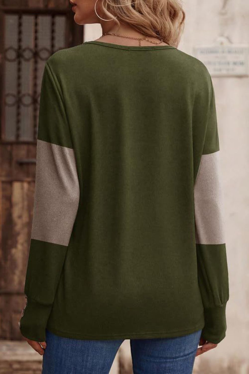 Decorative Button Contrast V-Neck Long Sleeve T-Shirt Long Sleeve Tops JT's Designer Fashion