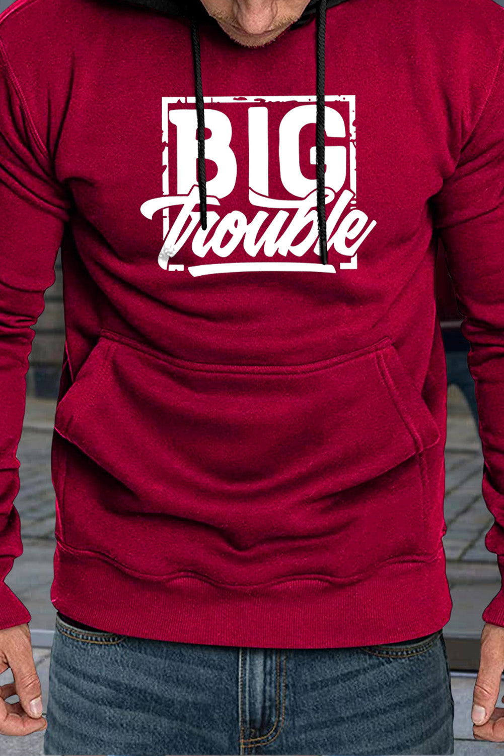 Fiery Red Men's Letter Print Pocketed Color Block Long Sleeve Hoodie Men's Tops JT's Designer Fashion