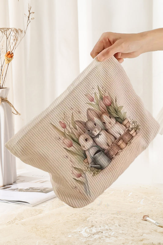 White Eater Bunny Print Corduroy Zipper Cosmetic Bag Makeup Bags JT's Designer Fashion