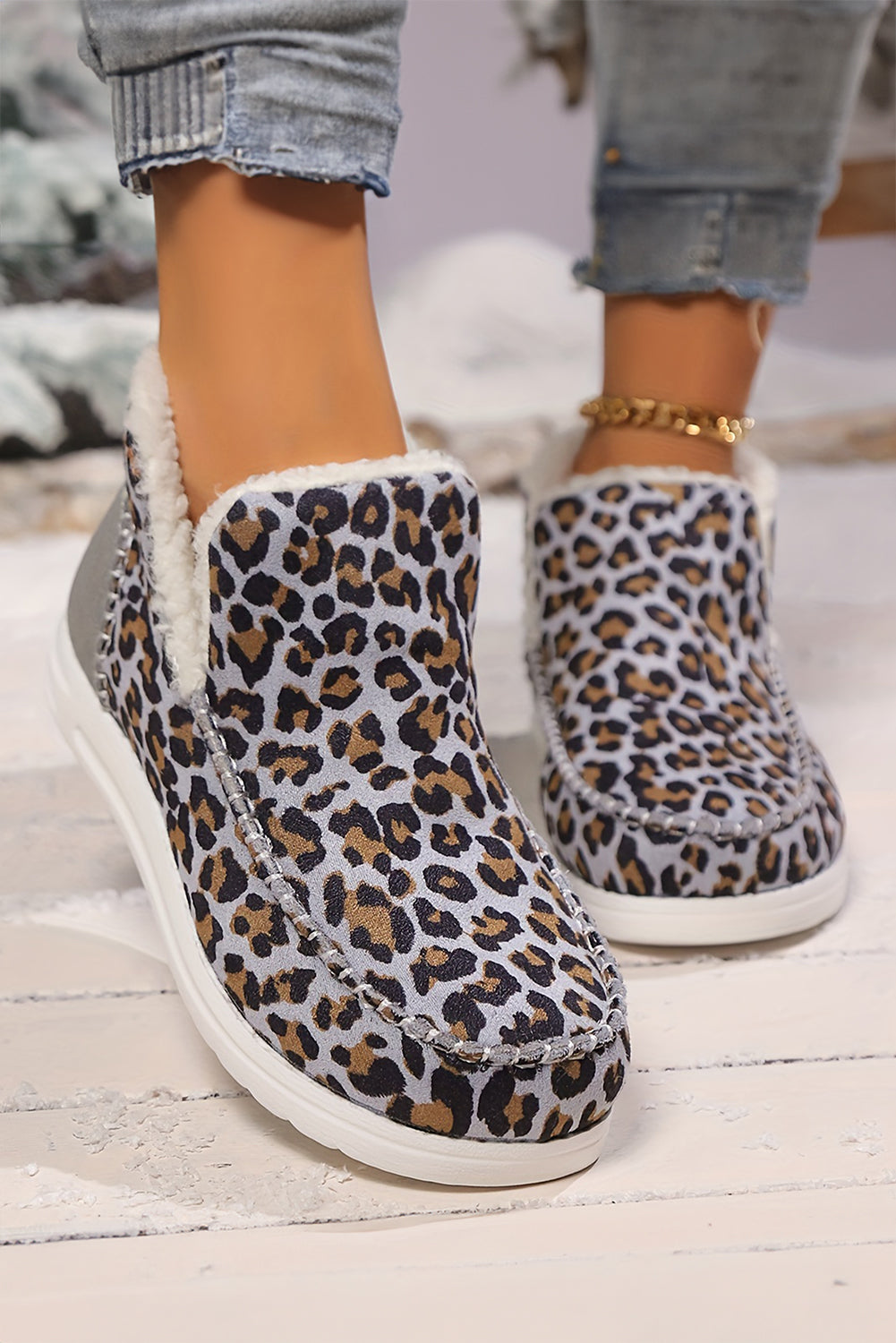 Dark Grey Leopard Print Ankle Patched Flat Winter Fur Boots Women's Shoes JT's Designer Fashion