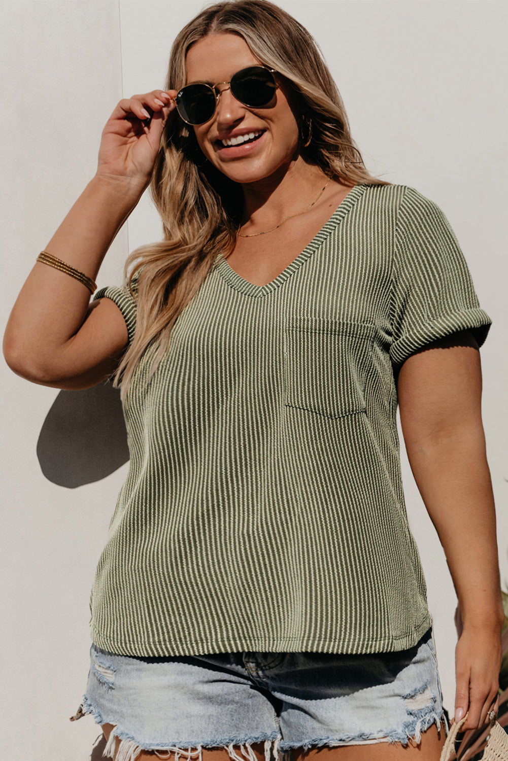 Meadow Mist Green Plus Size Corded V Neck Patch Pocket Tee Plus Size JT's Designer Fashion