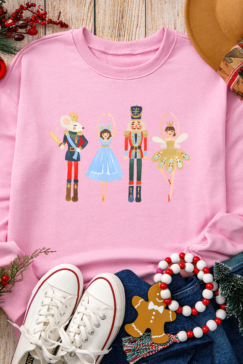 Pink Christmas Nutcracker Fairy Printed Pullover Sweatshirt Graphic Sweatshirts JT's Designer Fashion