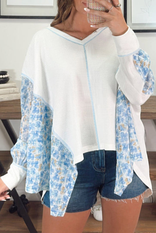 White Abstract Floral Patchwork Batwing Sleeve V Neck Blouse Blouses & Shirts JT's Designer Fashion