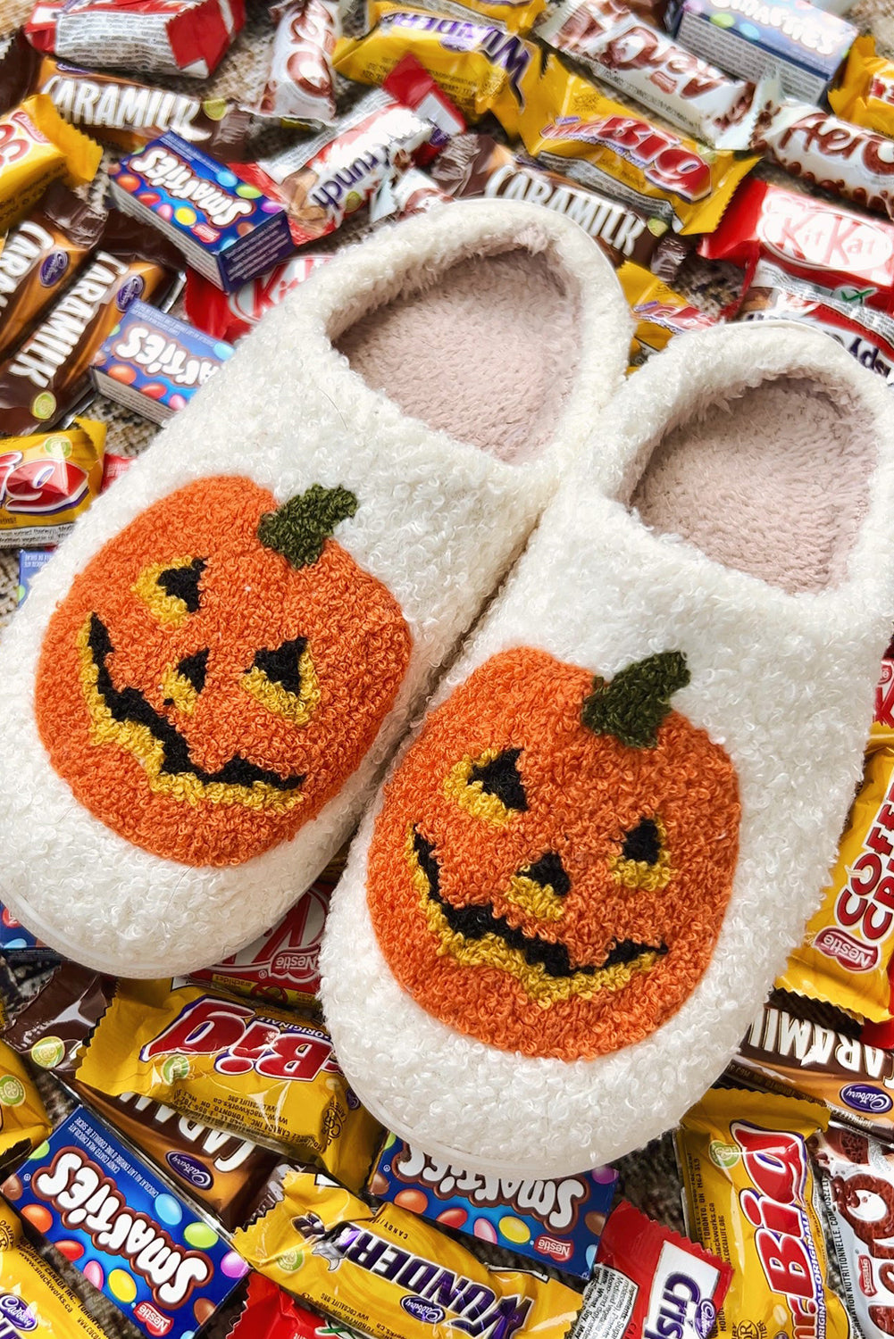 White Halloween Pumpkin Print Plush Slippers Slippers JT's Designer Fashion