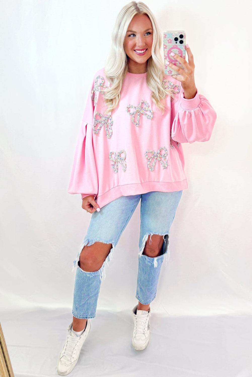 Light Pink Embroidered Bow Lantern Sleeve Oversized Pullover Sweatshirt Sweatshirts & Hoodies JT's Designer Fashion