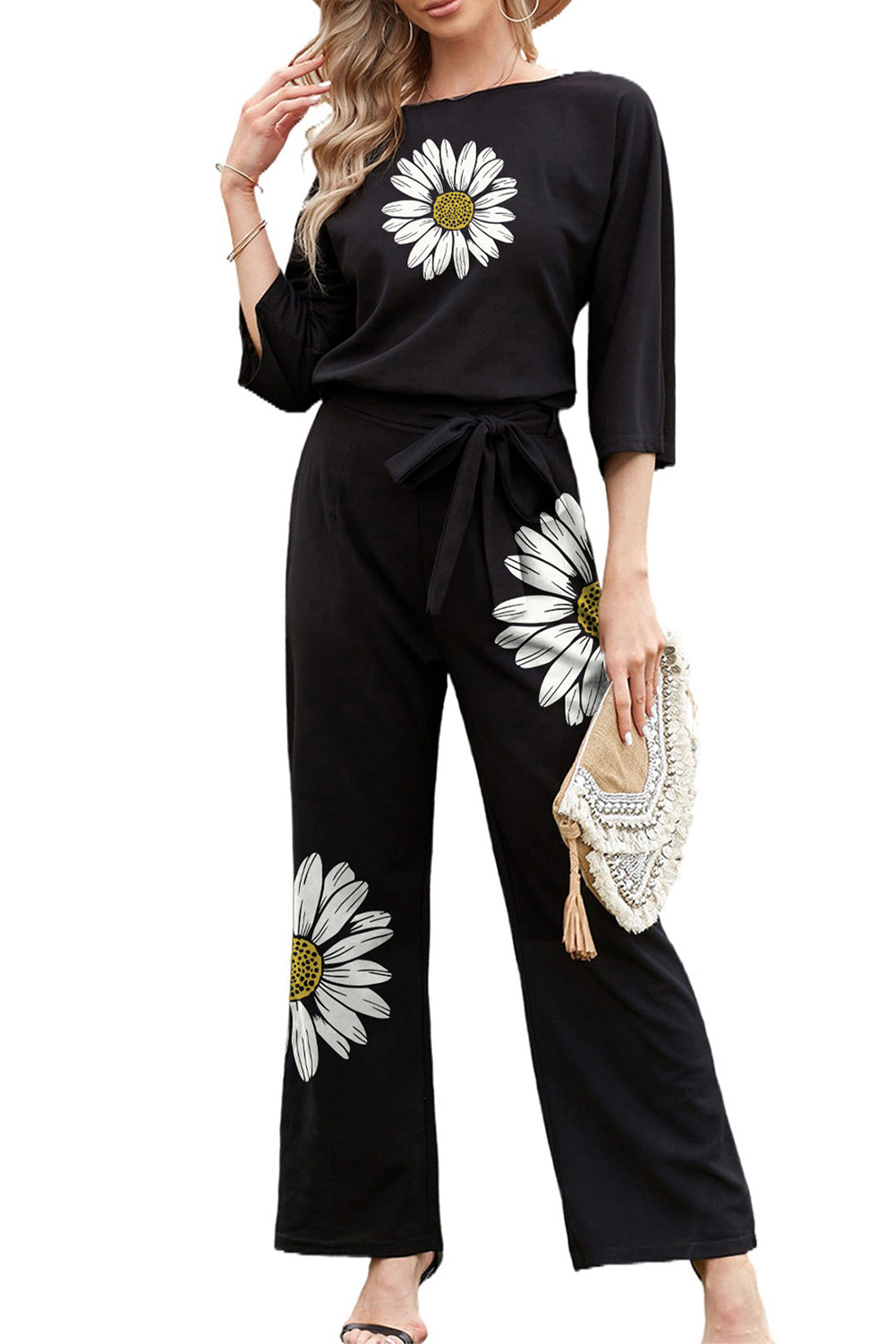 Black Daisy Print Lace-up High Waist Wide Leg Jumpsuit Jumpsuits & Rompers JT's Designer Fashion