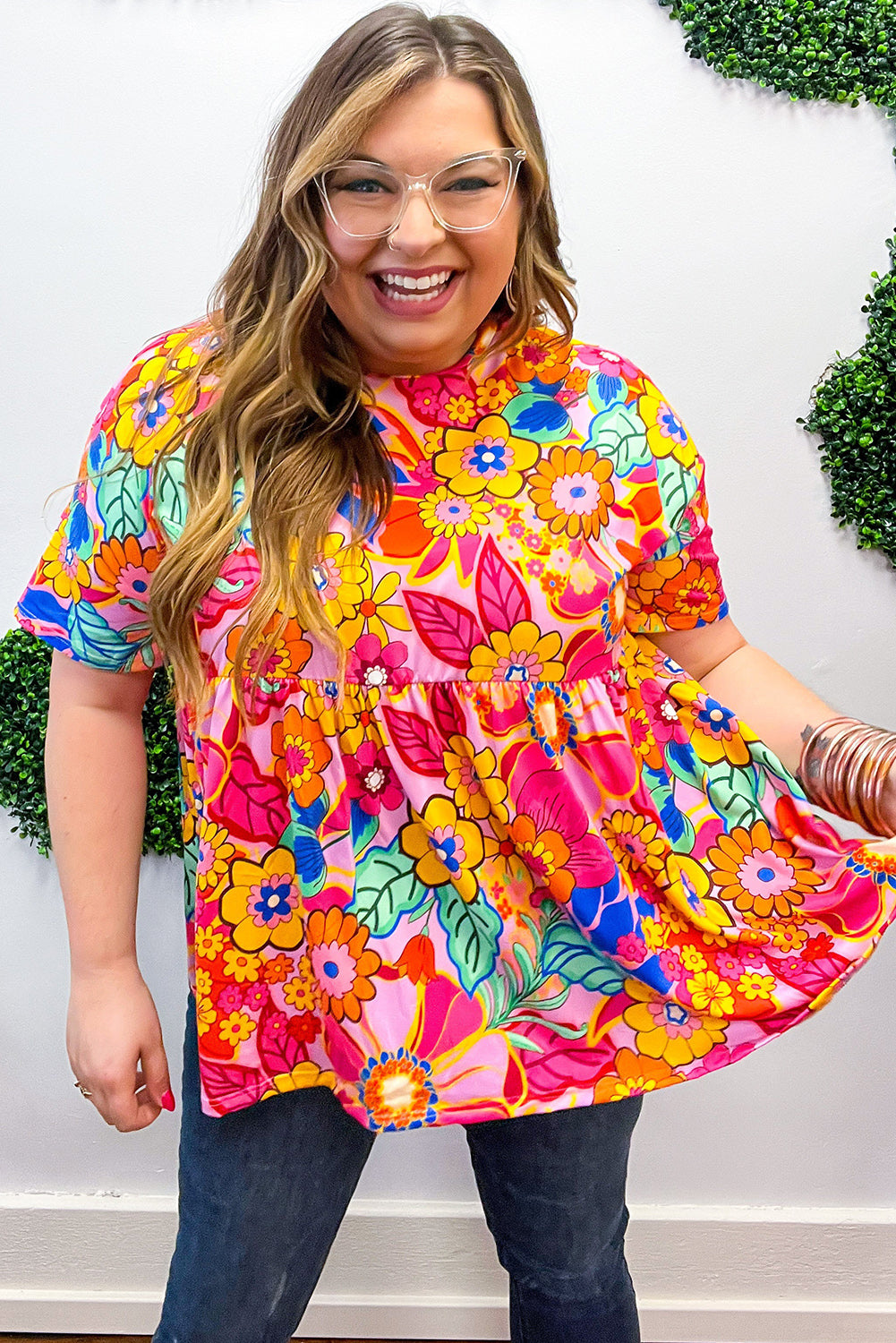 Pink Floral / Geometric Print Short Sleeve Plus Size Babydoll Blouse Plus Size JT's Designer Fashion