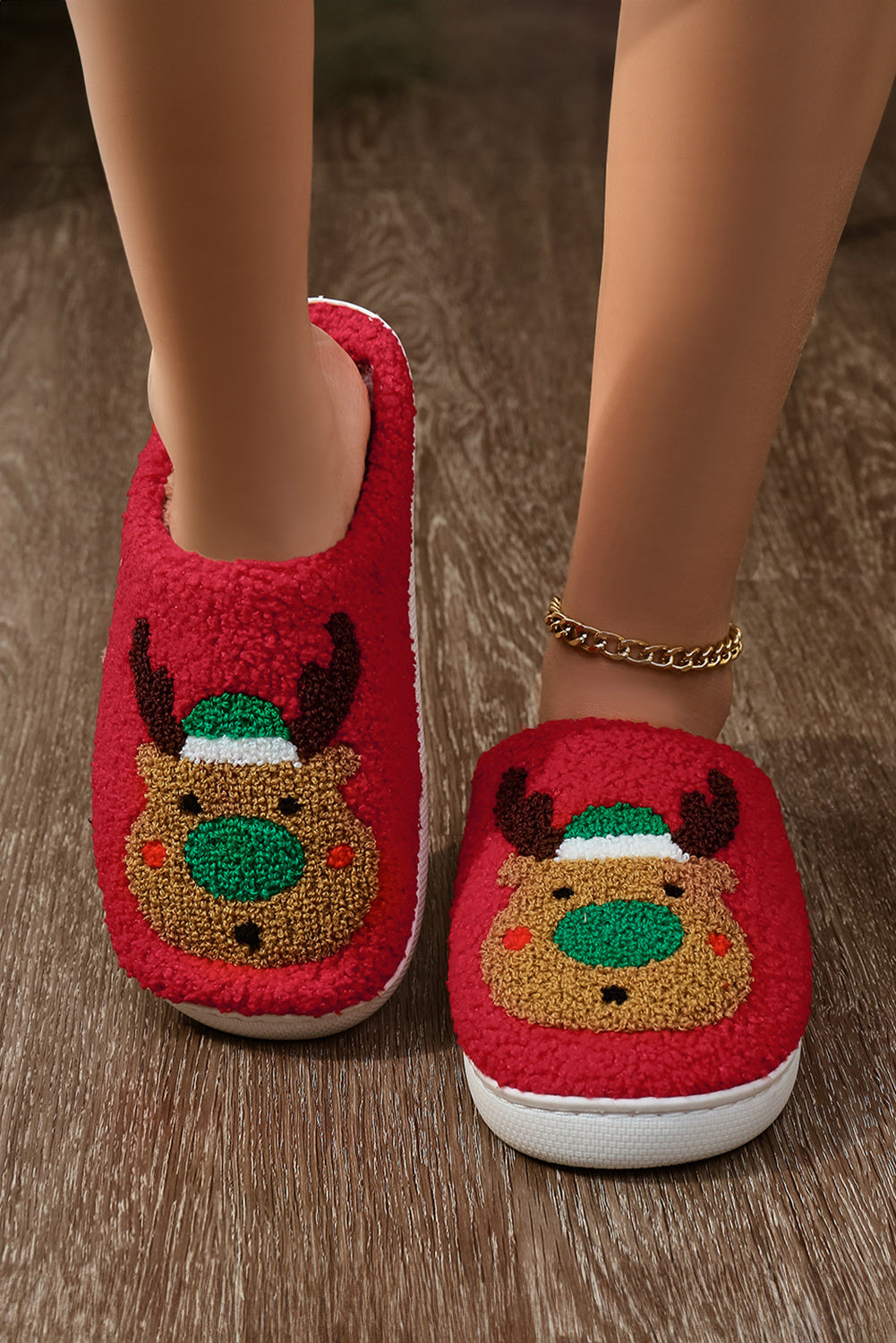 Fiery Red Christmas Reindeer Pattern Thick Sole Plush Slippers Slippers JT's Designer Fashion