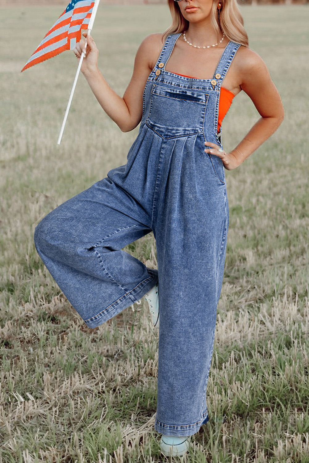 Light Blue Mineral Wash Buttoned Straps Wide Leg Denim Overalls Light Blue 71%Cotton+27.5%Polyester+1.5%Elastane Jumpsuits & Rompers JT's Designer Fashion