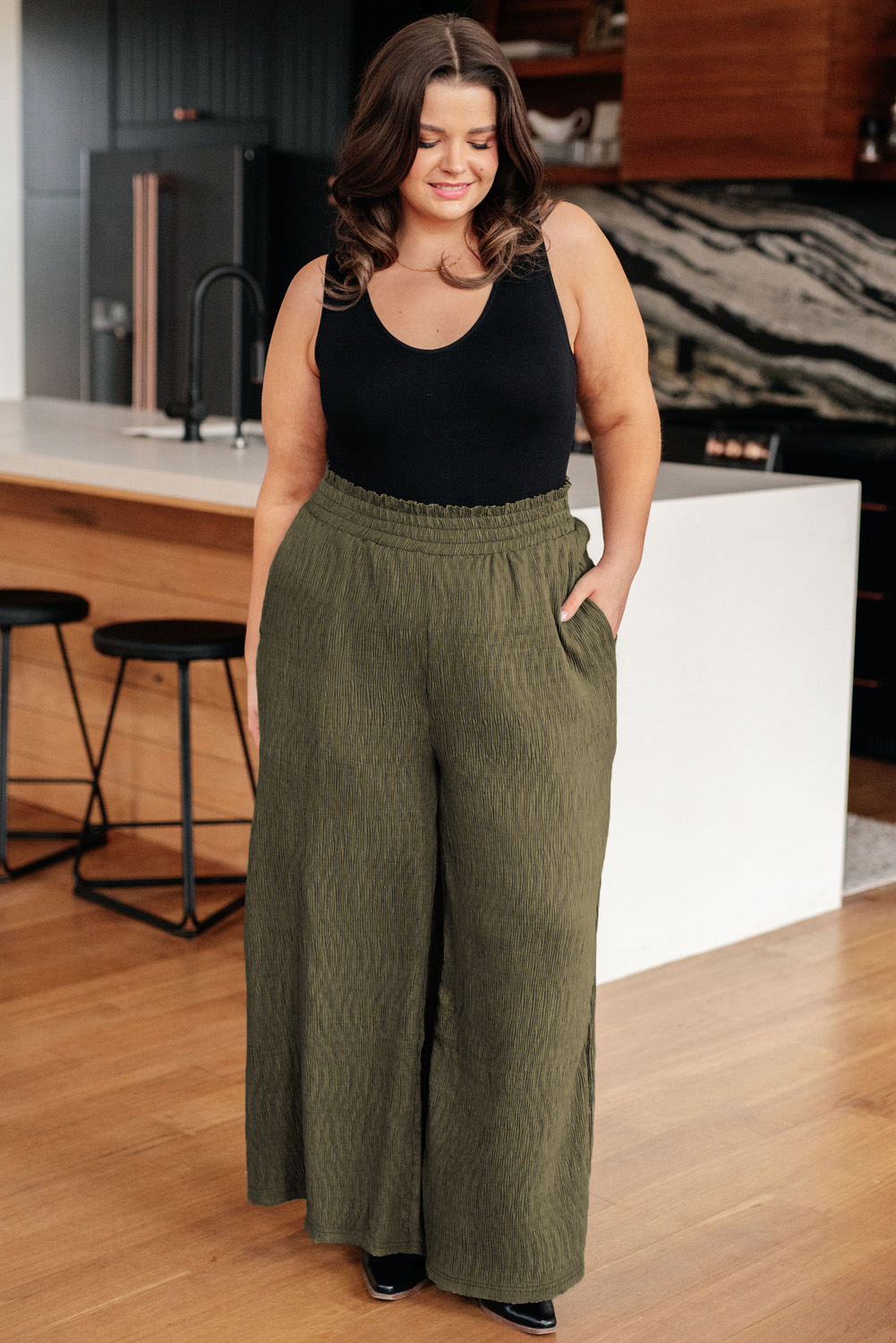 Jungle Green Plus Size Textured Shirred High Waist Casual Pants Plus Size Bottoms JT's Designer Fashion