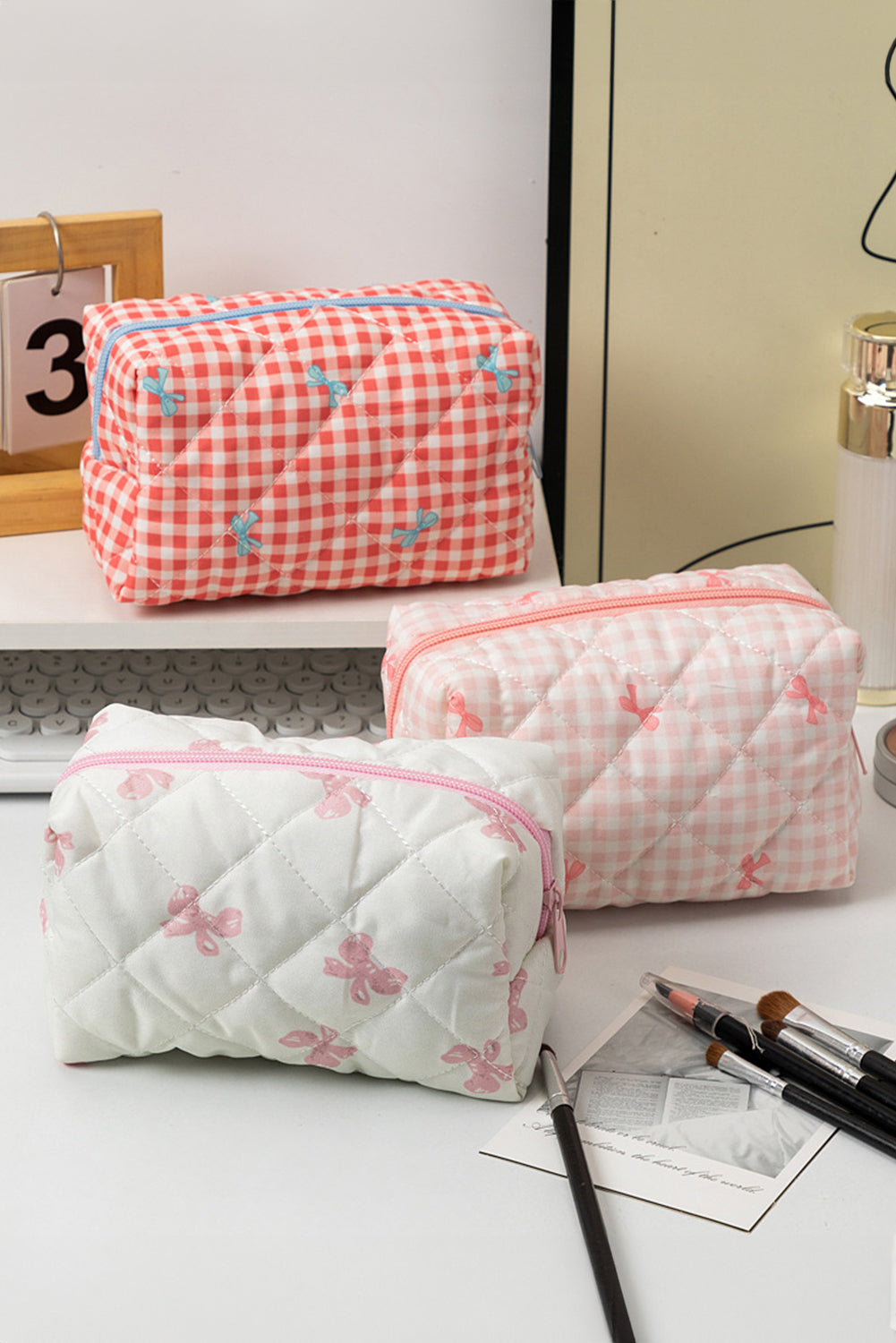 Pink Sweet Bow Knot Print Quilted Zipper Cosmetic Bag Makeup Bags JT's Designer Fashion