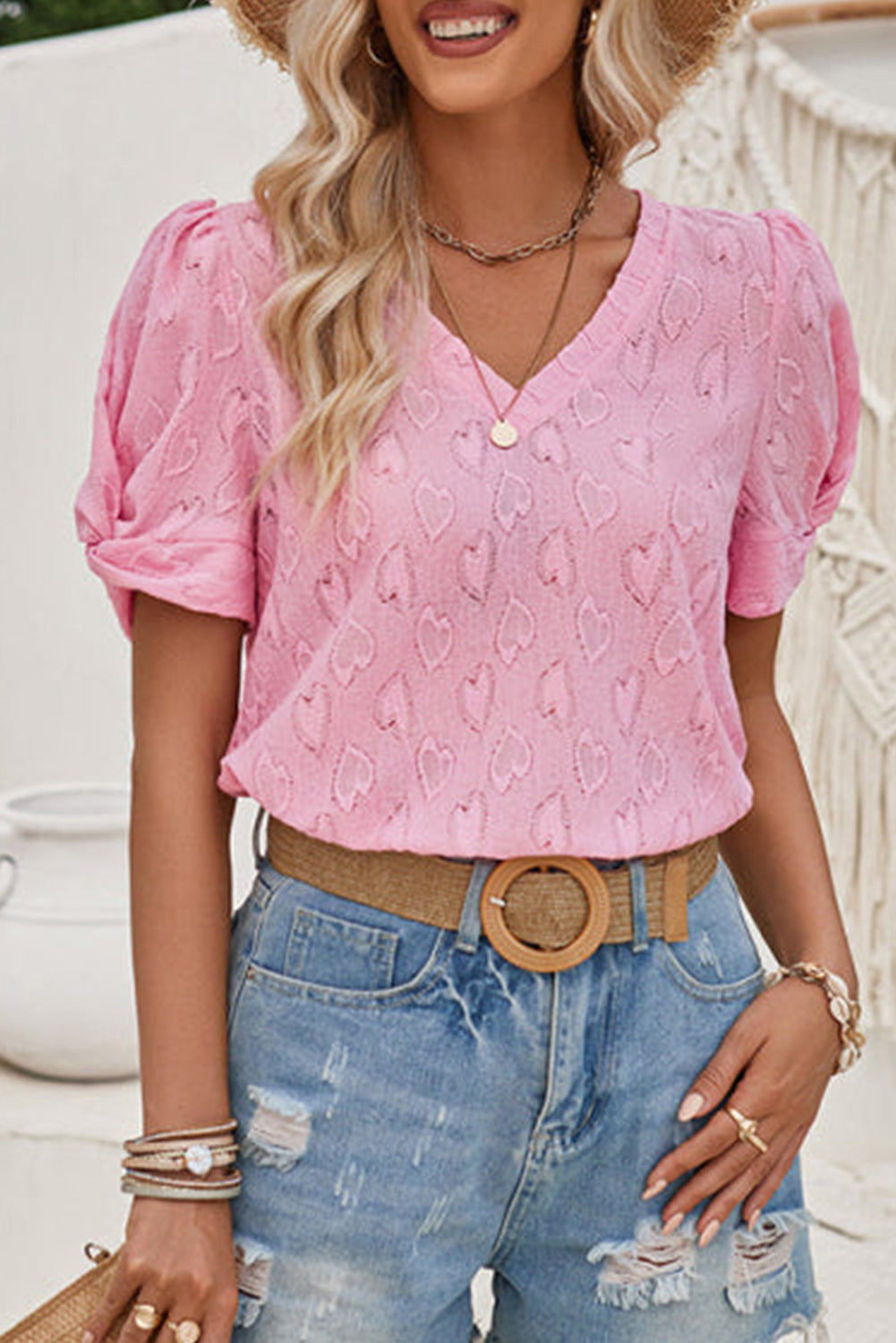 Pink Valentine Heart Pattern Twist Cuffs Puff Sleeve Textured Tee Pre Order Tops JT's Designer Fashion