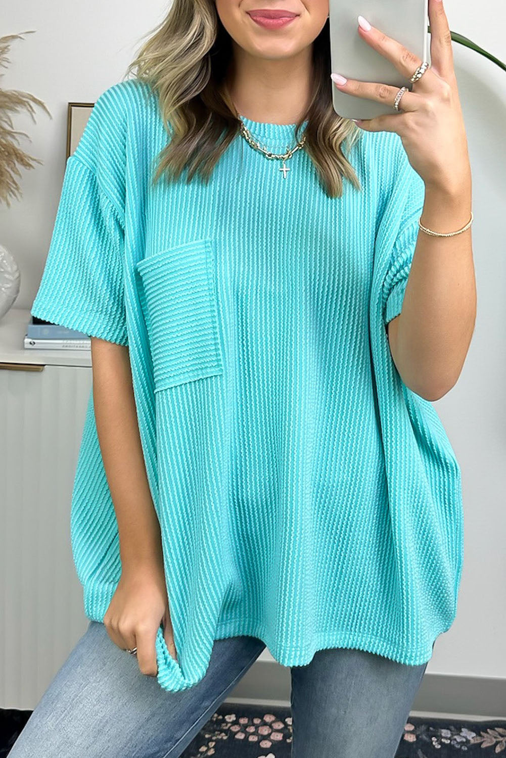 Turquoise Ribbed Knit Pocketed Loose Fit Crew Neck T Shirt Pre Order Tops JT's Designer Fashion