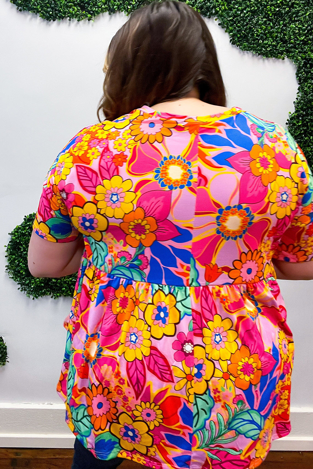 Pink Floral / Geometric Print Short Sleeve Plus Size Babydoll Blouse Plus Size JT's Designer Fashion