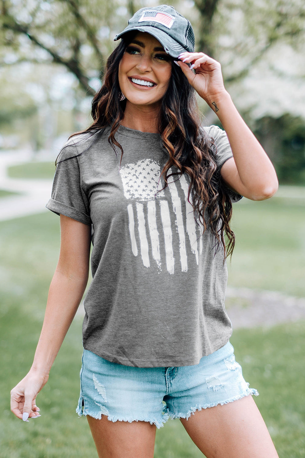 Gray America Flag Print Crewneck T-shirt Graphic Tees JT's Designer Fashion