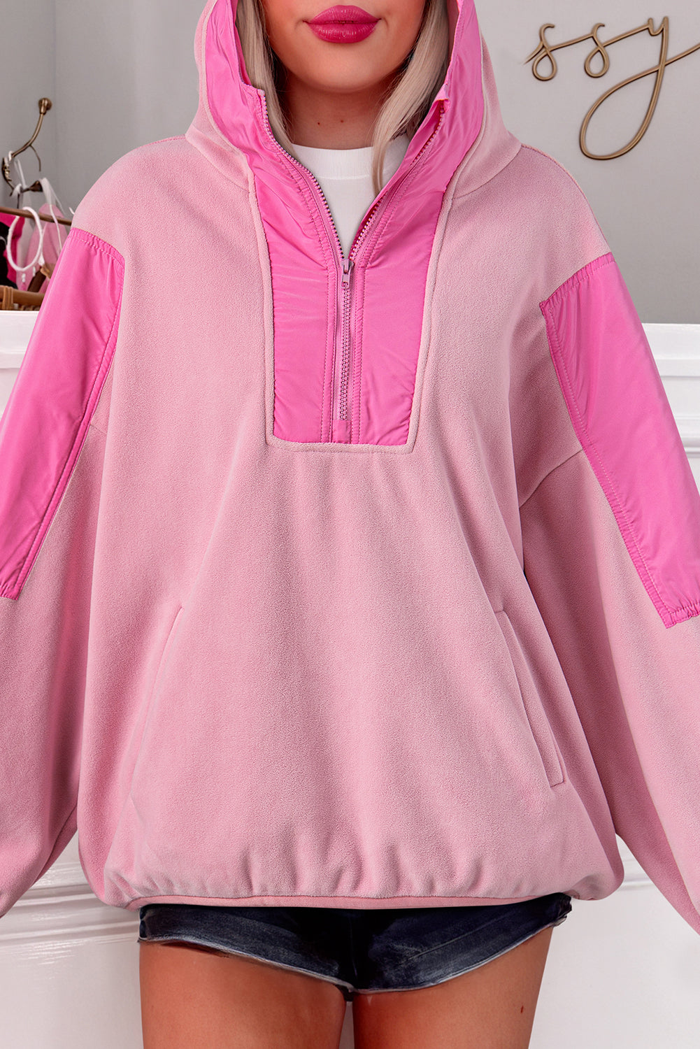 Pink Colorblock Patchwork Half Zip Oversized Sherpa Hoodie Sweatshirts & Hoodies JT's Designer Fashion