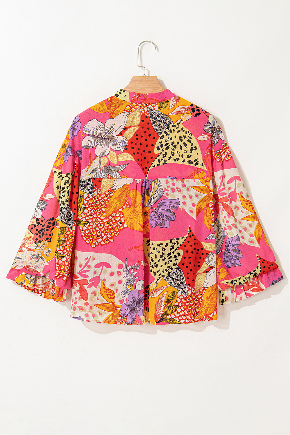 Red Abstract Floral Print Buttoned Ruffled Bubble Sleeve Shirt Blouses & Shirts JT's Designer Fashion