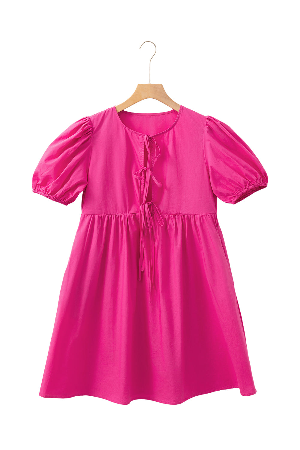 Bright Pink Solid Color Puff Sleeve Tie Front High Waist Mini Dress Mini Dresses JT's Designer Fashion