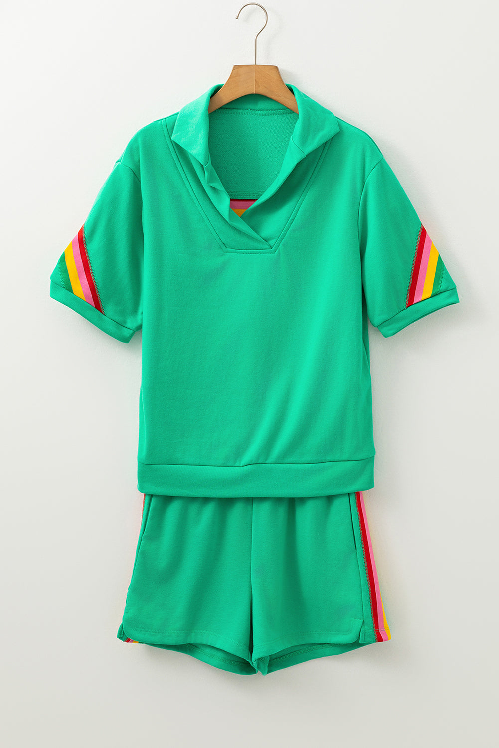 Sea Green Rainbow Colorblock Collared Short Sleeve Top 2 Piece Shorts Set Short Sets JT's Designer Fashion