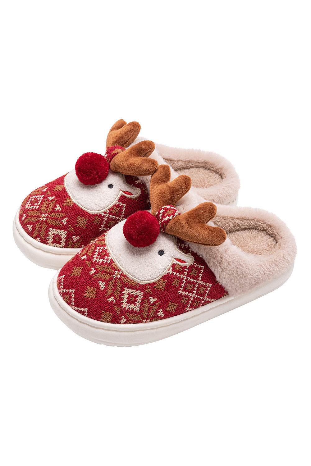 Fiery Red Christmas Cartoon Reindeer Plush Home Slippers Slippers JT's Designer Fashion