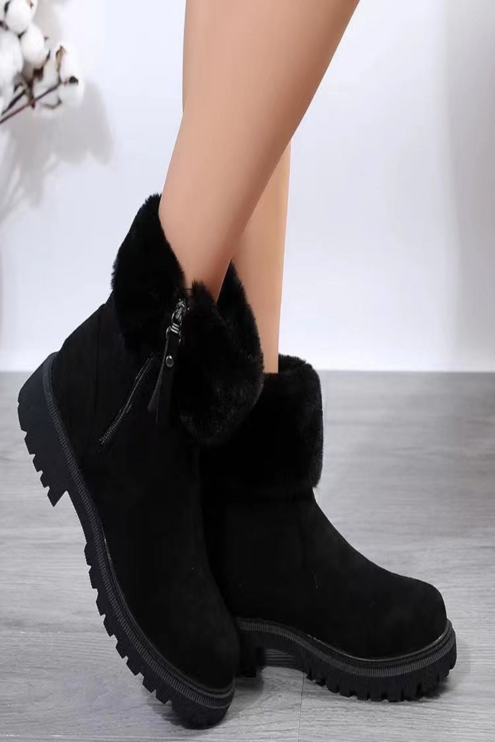 Suede Faux Fur Boots with Side Zipper Black Shoes JT's Designer Fashion