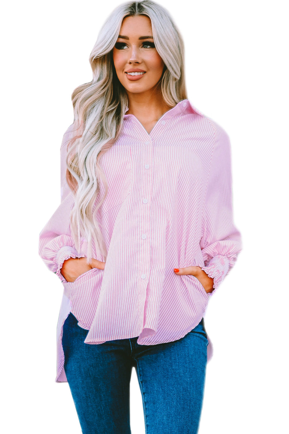 Pink Smocked Cuffed Striped Boyfriend Shirt with Pocket Blouses & Shirts JT's Designer Fashion