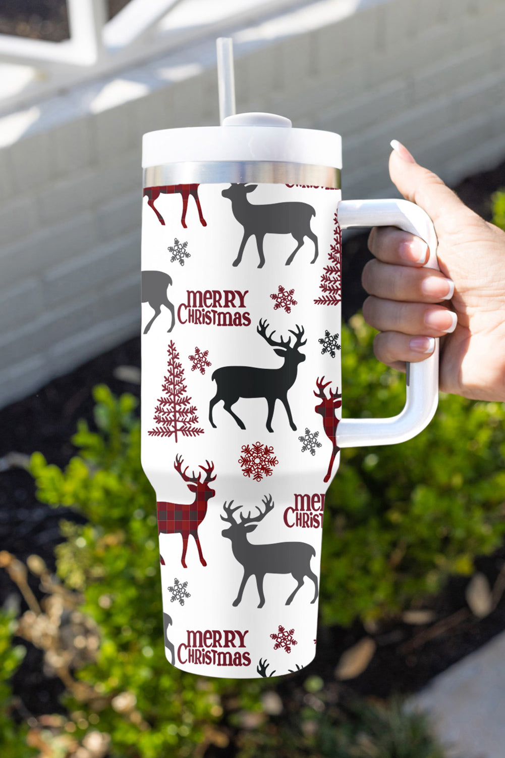 White Merry Christmas Tree Snowflake Elk Print Handle Tumbler Tumblers JT's Designer Fashion