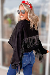 Black GAME DAY Rugby Sequined Tasseled Cropped Sweatshirt Sweatshirts & Hoodies JT's Designer Fashion