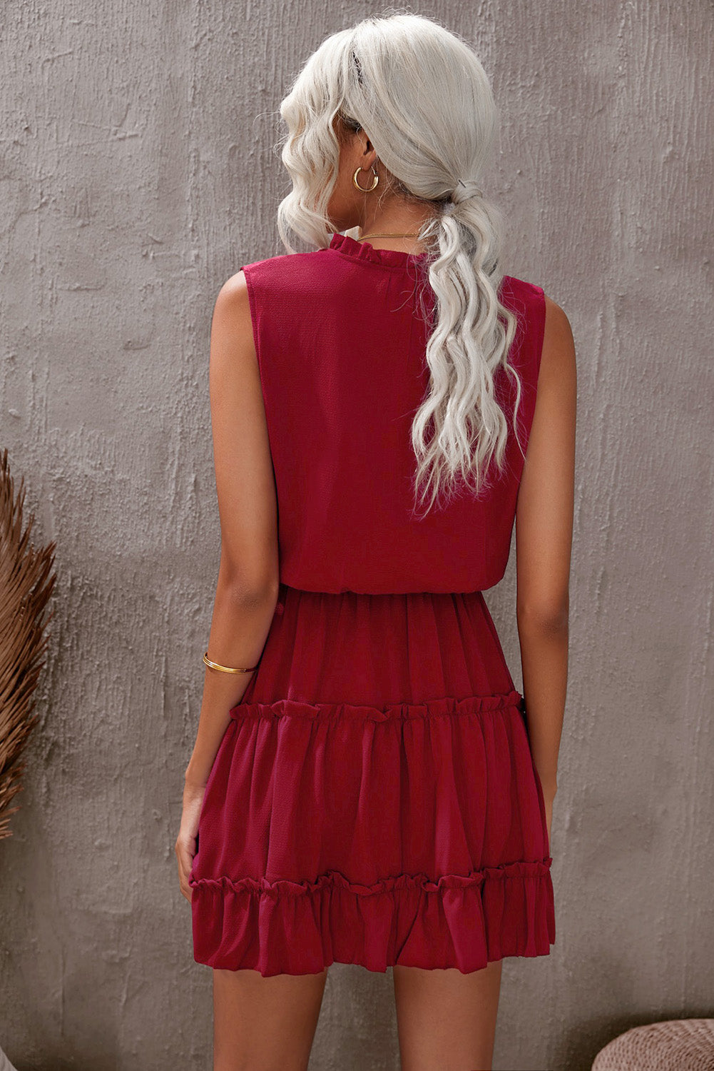 Wine Red Sleeveless V Neck Ruffled Swing Mini Dress Mini Dresses JT's Designer Fashion