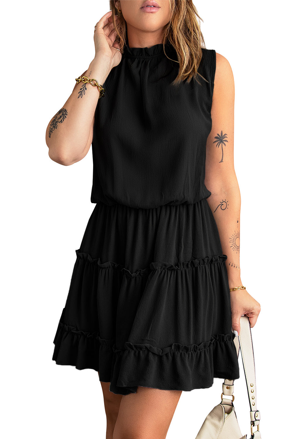 Black Sleeveless V Neck Ruffled Swing Mini Dress Mini Dresses JT's Designer Fashion