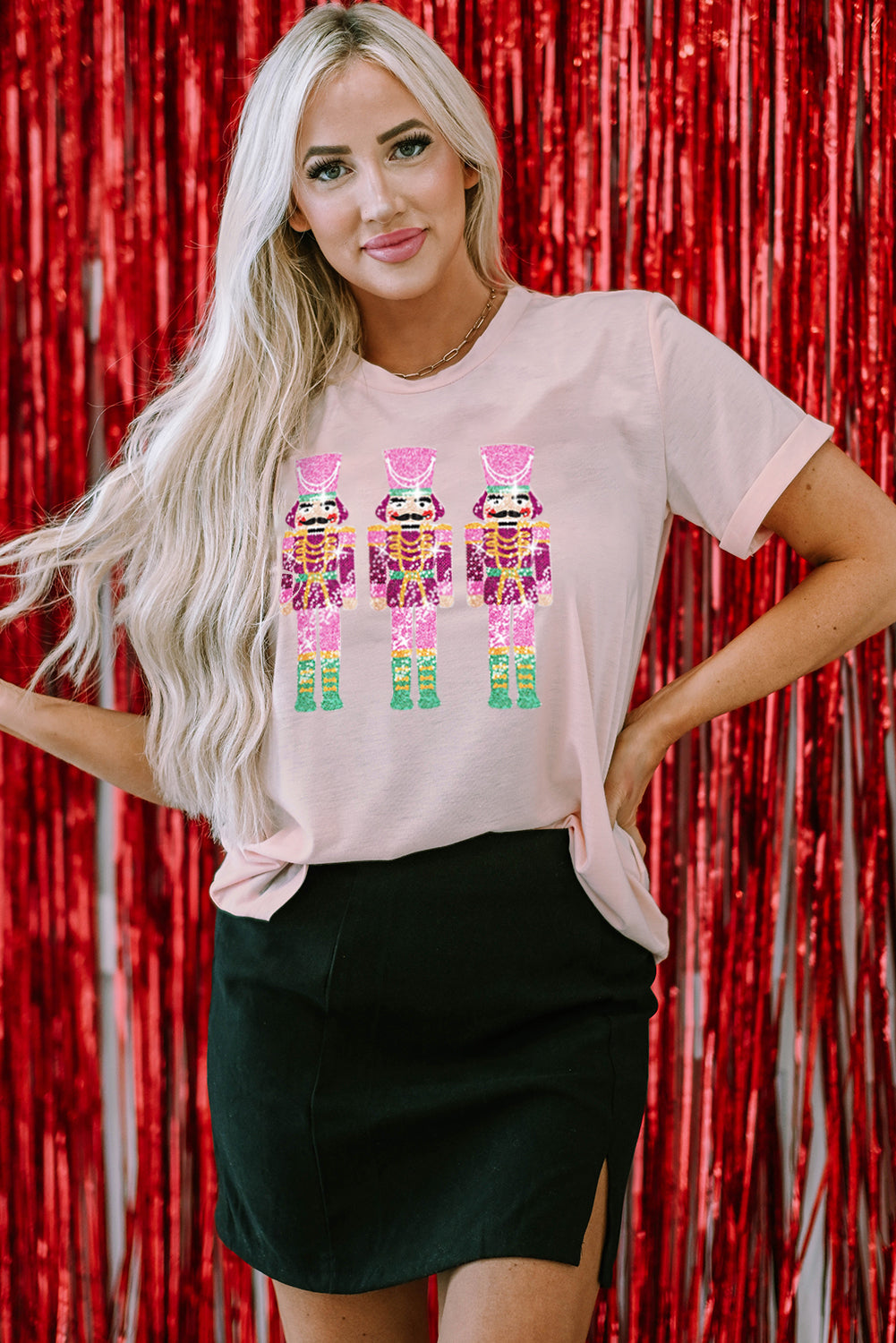 Pink Sequin Nutcracker Graphic Casual T-shirt Graphic Tees JT's Designer Fashion