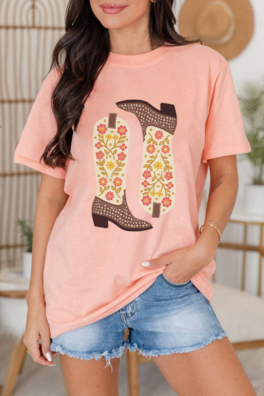 Pink Western Floral Boots Print Round Neck Loose T Shirt Graphic Tees JT's Designer Fashion