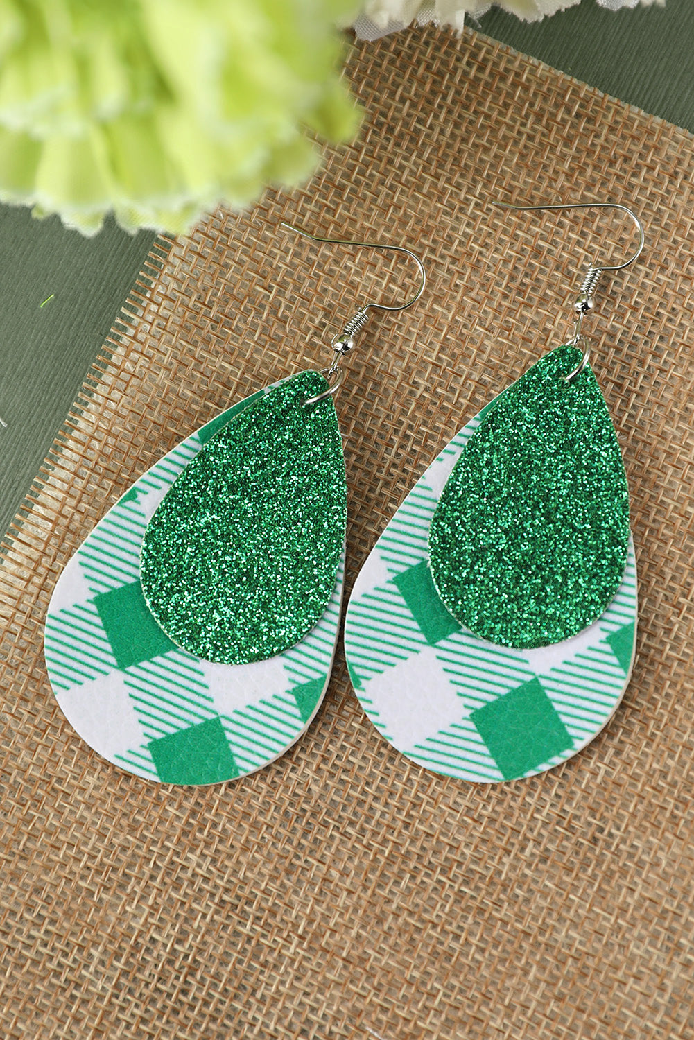 Green Sequin Plaid Double Layered Drop Earrings Jewelry JT's Designer Fashion