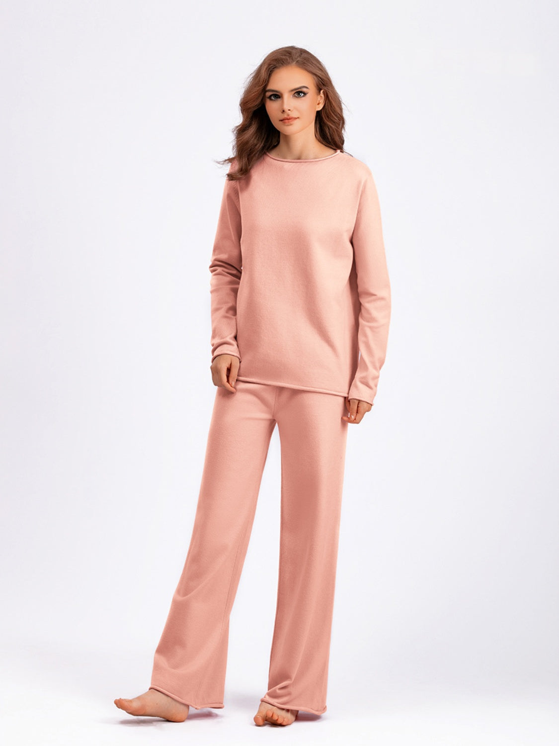 Rolled Round Neck Top and Pants Sweater Set Pale Blush One Size Pant Sets JT's Designer Fashion