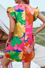 Pink Bold Floral Flutter Sleeve Shift Mini Dress with Pockets Floral Dresses JT's Designer Fashion