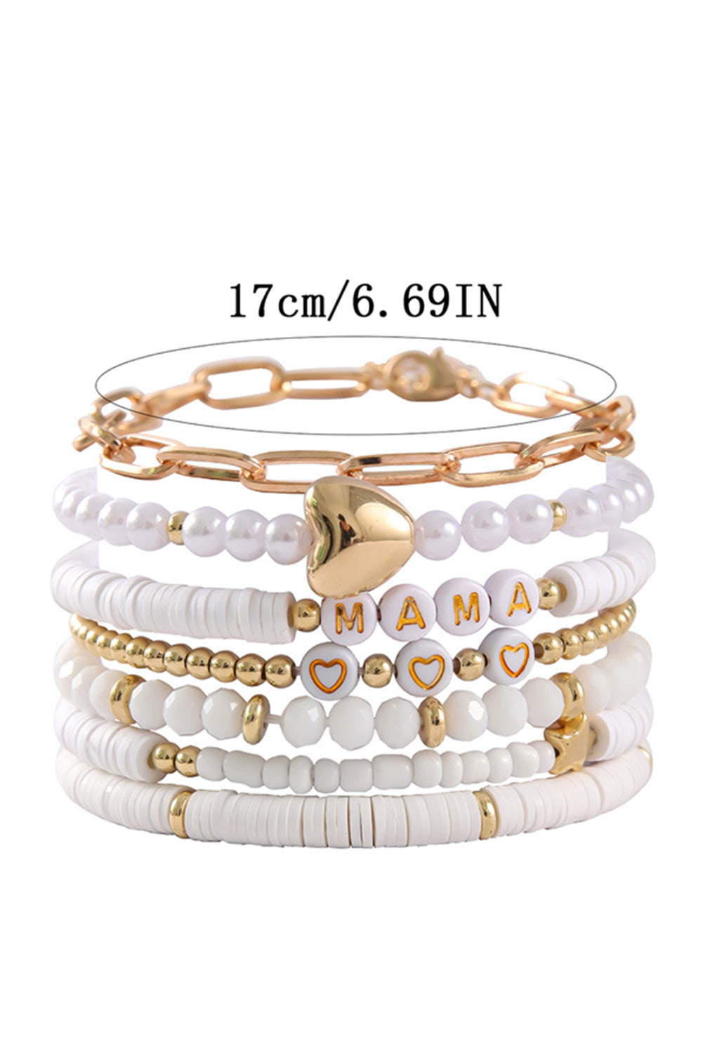 White MAMA Heart Pearl Beaded Chain Multi Layer Bracelet Jewelry JT's Designer Fashion