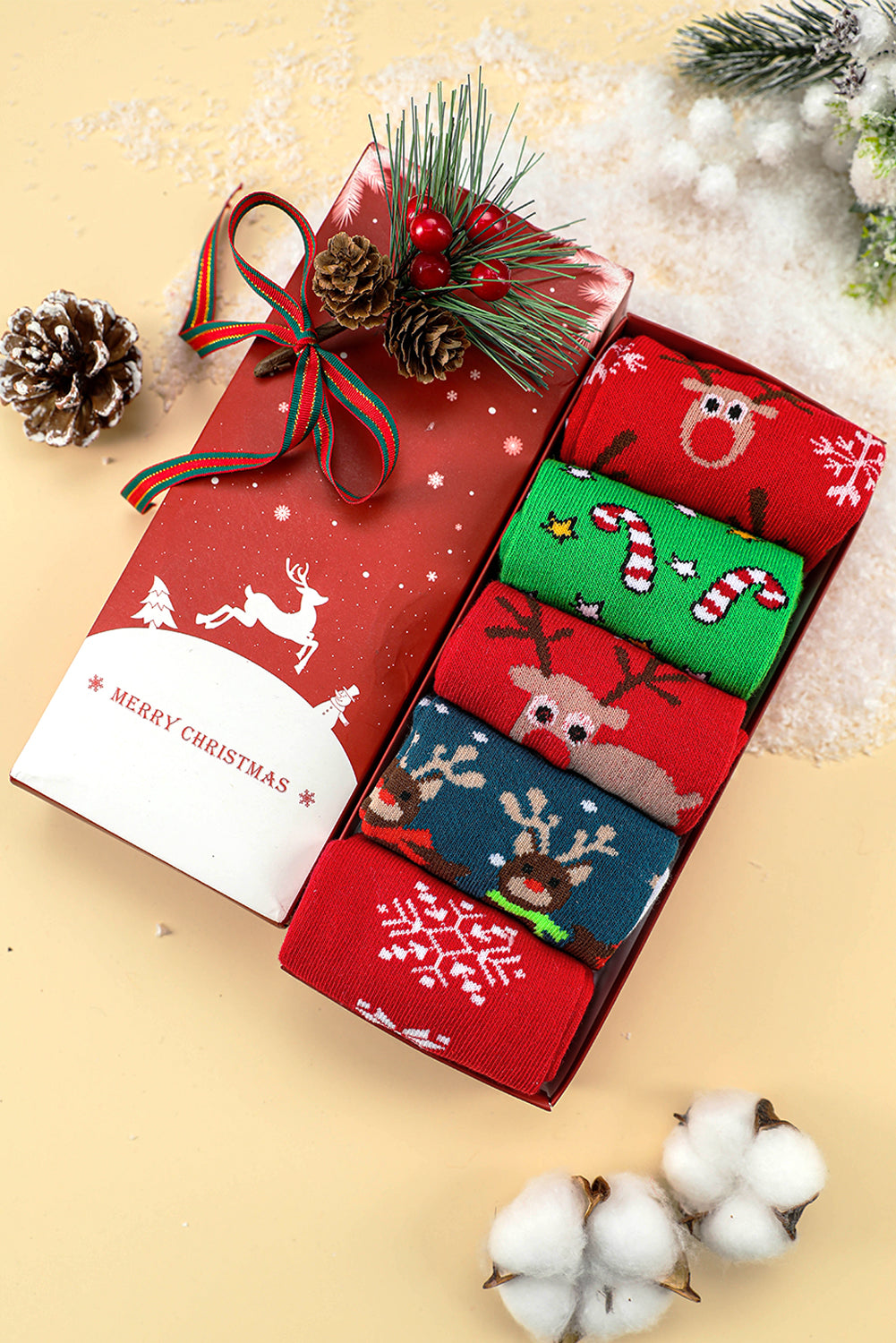 Fiery Red 5 Pairs/Set Christmas Cartoon Elk Soft Socks Set with Box Socks JT's Designer Fashion