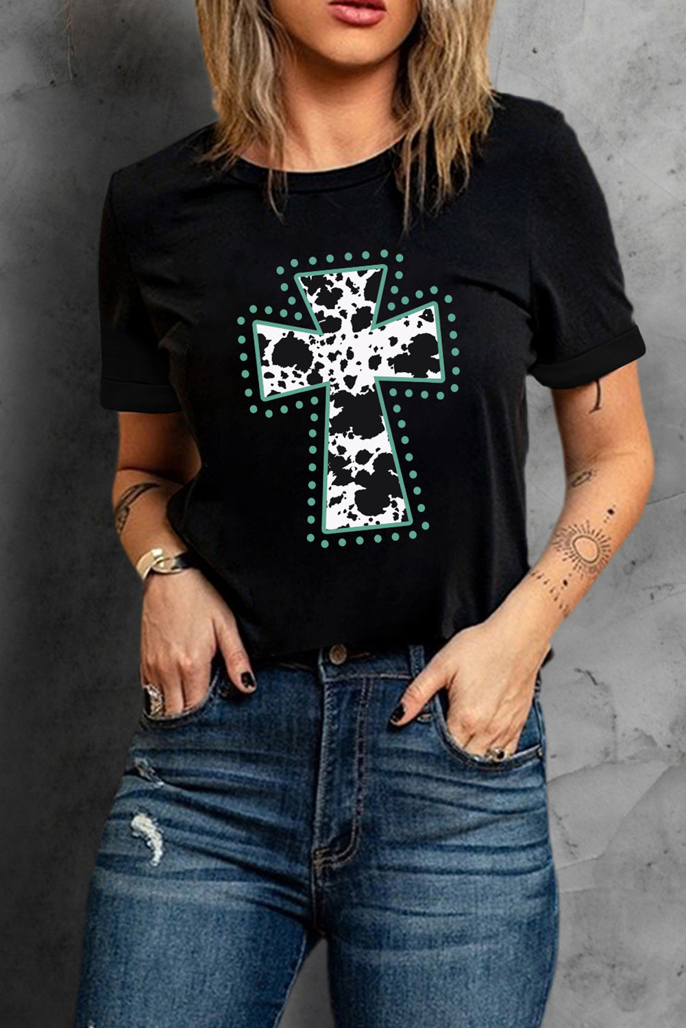 Black Animal Print Cross Graphic Tee Graphic Tees JT's Designer Fashion