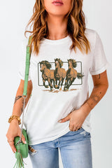 White Texas Horse Graphic Cuffed Sleeve Graphic T Shirt Graphic Tees JT's Designer Fashion