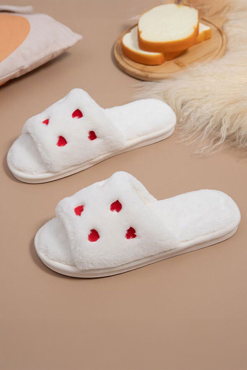 White Valentines Heart Embroidered Fuzzy Winter House Slippers Slippers JT's Designer Fashion