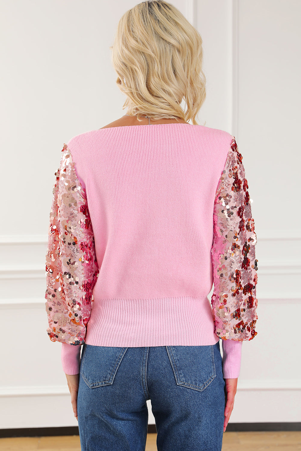 Pink Contrast Sequin Sleeve V Neck Ribbed Knit Sweater Sweaters & Cardigans JT's Designer Fashion