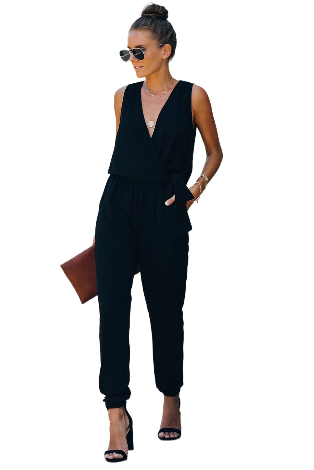 Black Deep V-neck Sleeveless Solid Jumpsuit Jumpsuits & Rompers JT's Designer Fashion