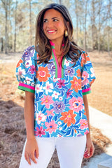 Sky Blue Floral Colorblock Edge Puff Sleeve Split Neck Blouse Pre Order Tops JT's Designer Fashion