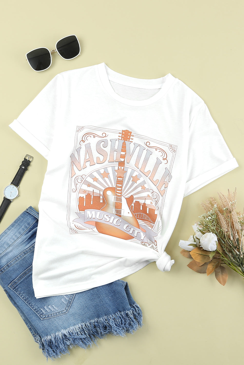 White MUSIC CITY NASHVILLE Graphic T Shirt Graphic Tees JT's Designer Fashion