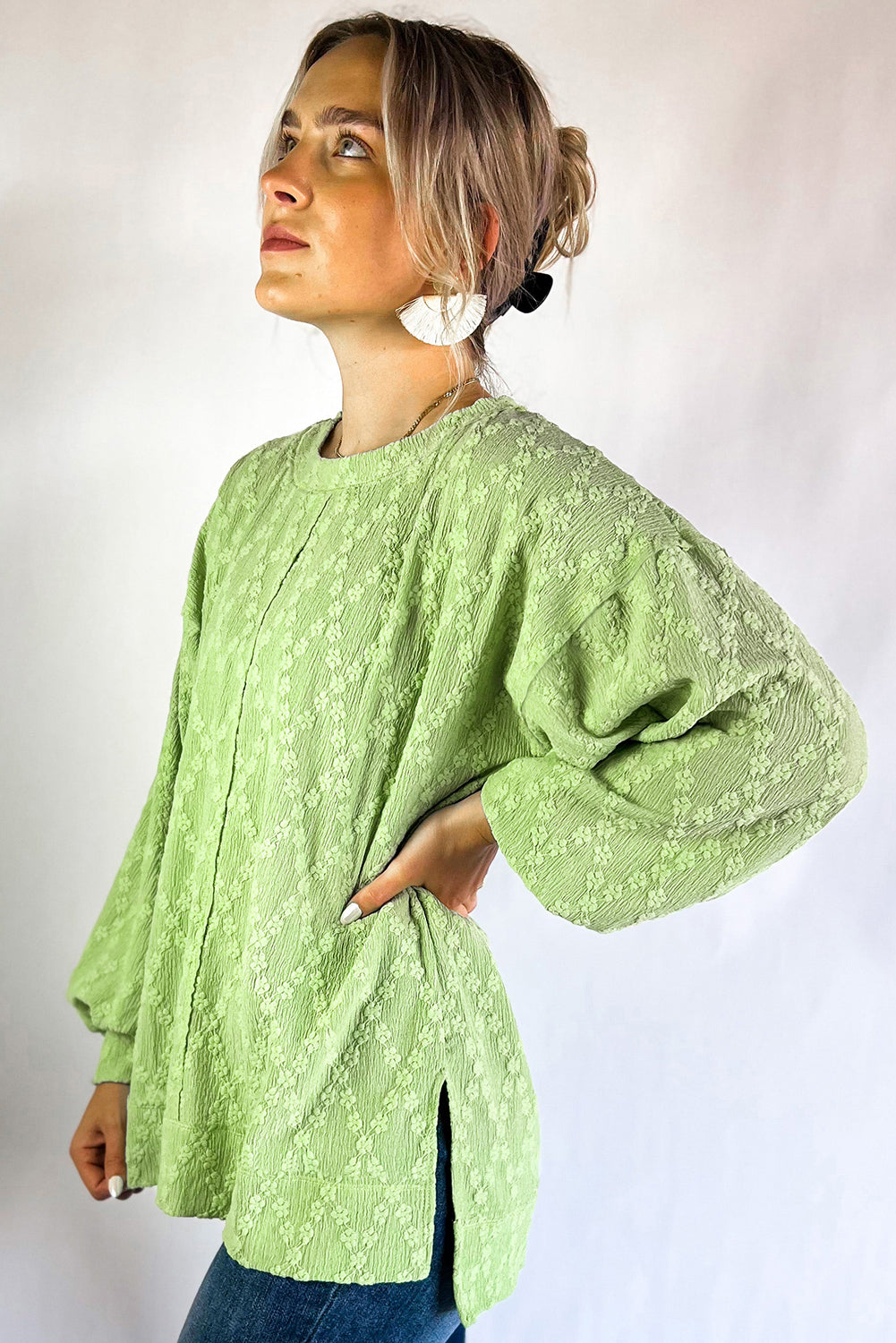 Light Green Solid Color Textured Side Split Crew Neck Blouse Blouses & Shirts JT's Designer Fashion