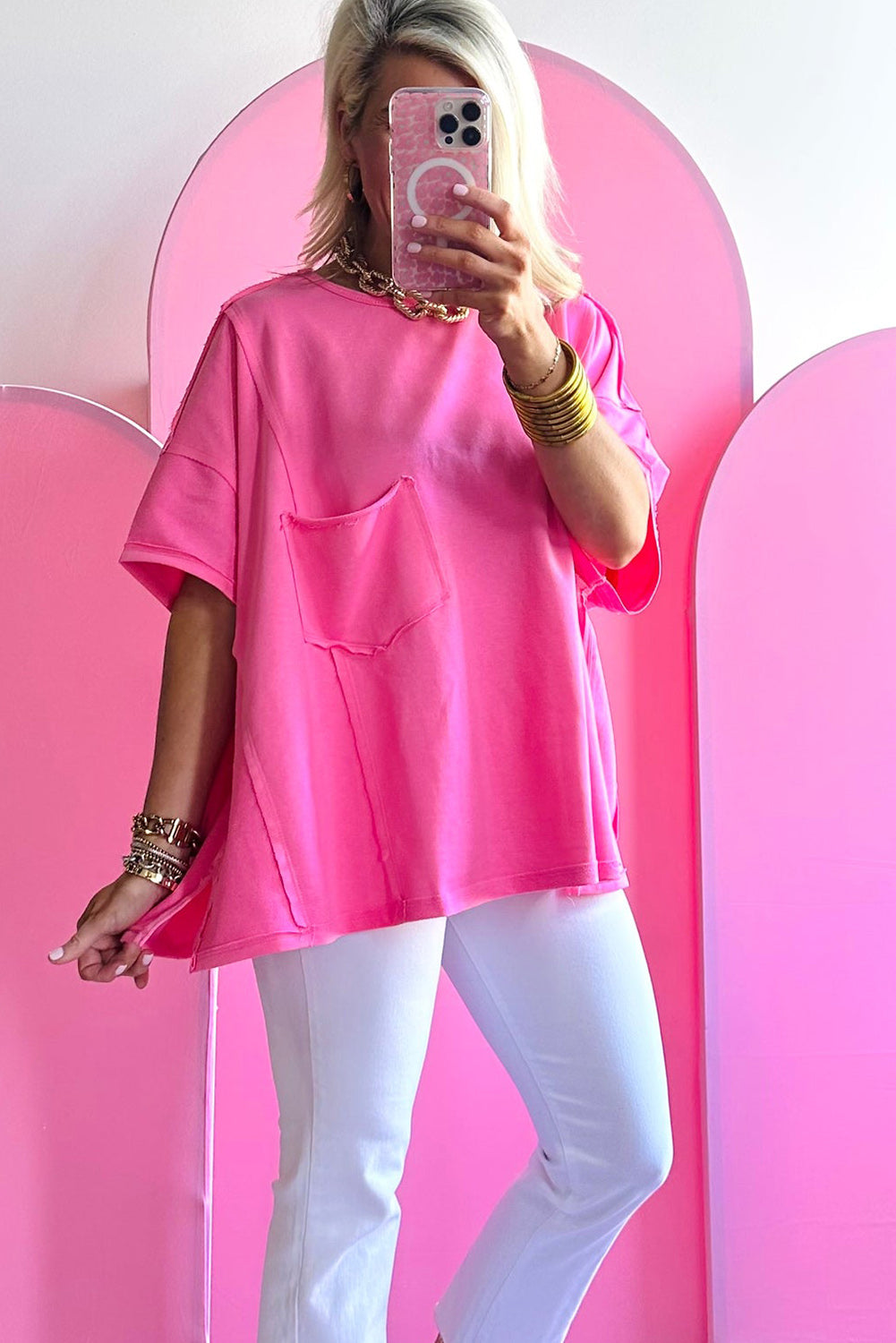 Bright Pink Patched Pocket Exposed Seam Oversize T-shirt Tops & Tees JT's Designer Fashion