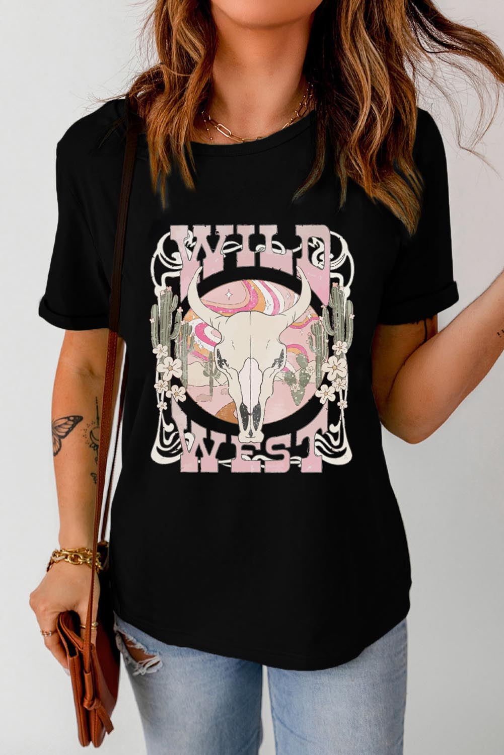 Black WILD WEST Steer Graphic Print Short Sleeve Top Graphic Tees JT's Designer Fashion